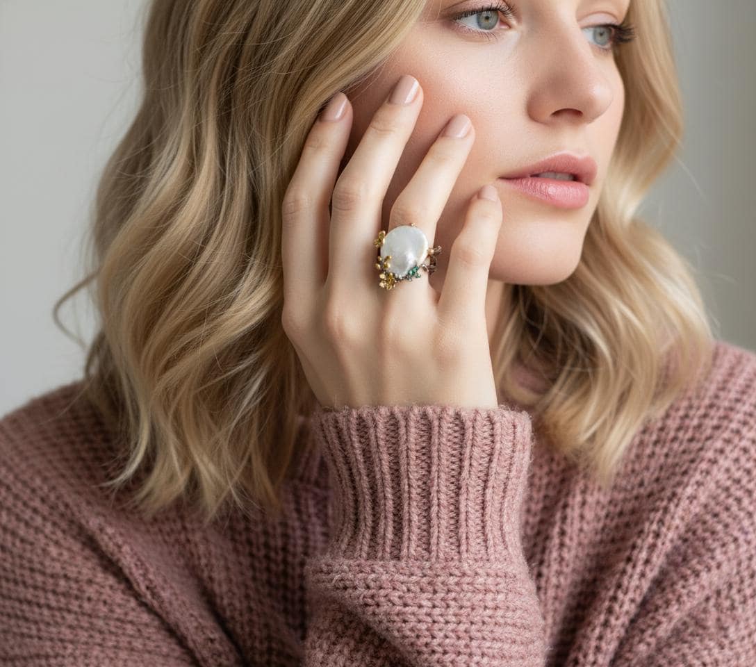 925 Sterling Silver Baroque Pearl Ring, worn on hand