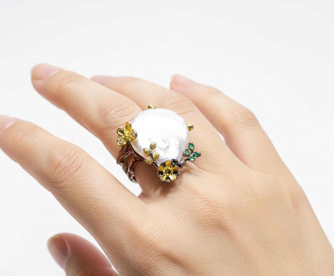 925 Sterling Silver Baroque Pearl Ring, setting detail