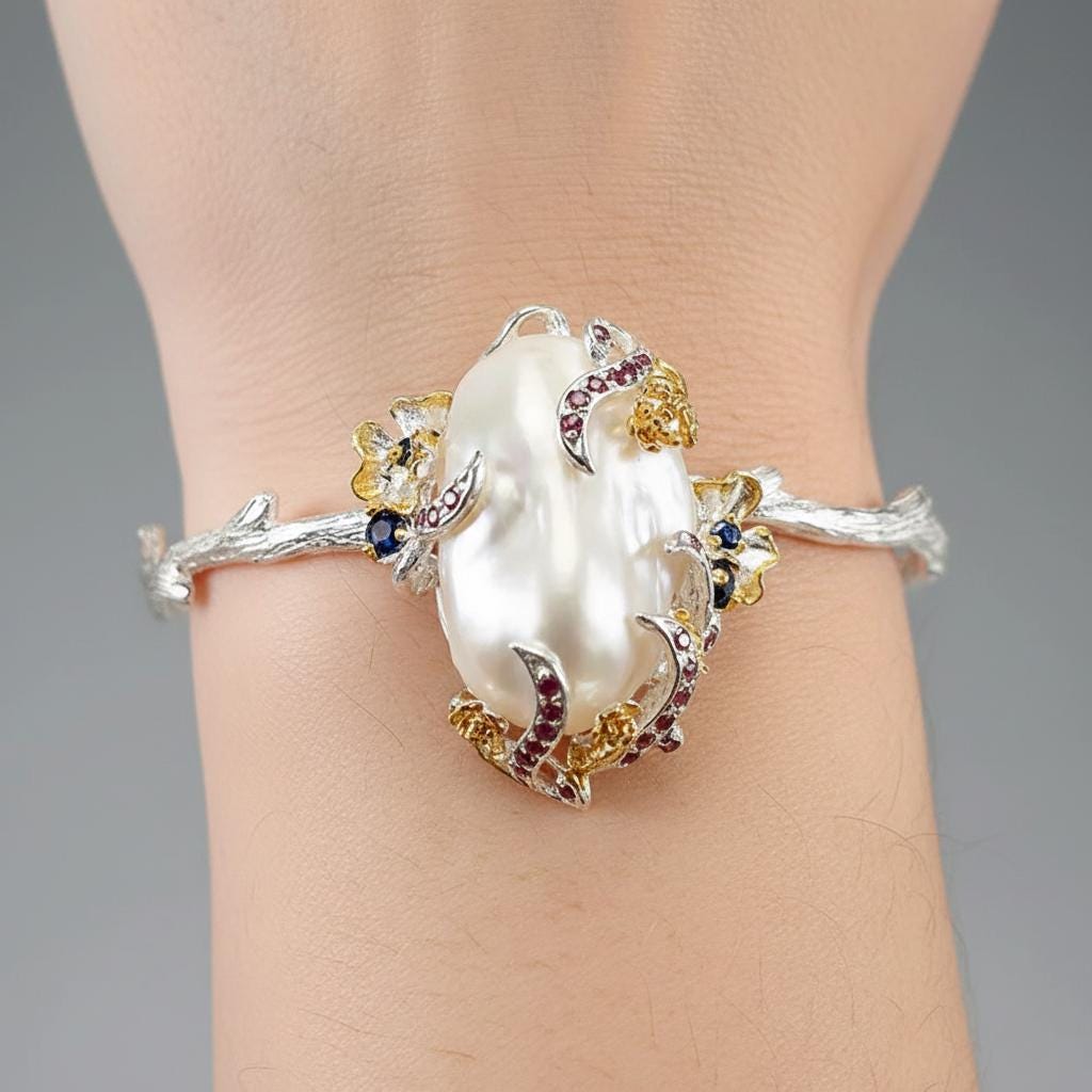 925 Sterling Silver Baroque Pearl Bracelet, close-up detail