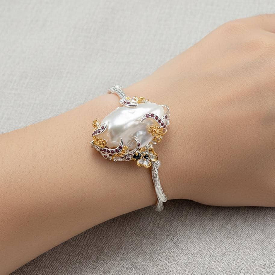 925 Sterling Silver Baroque Pearl Bracelet, worn on wrist