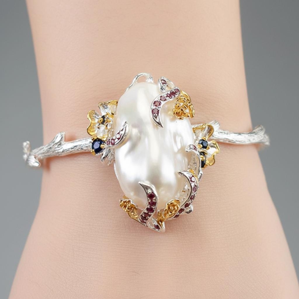 925 Sterling Silver Baroque Pearl Bracelet, additional angle