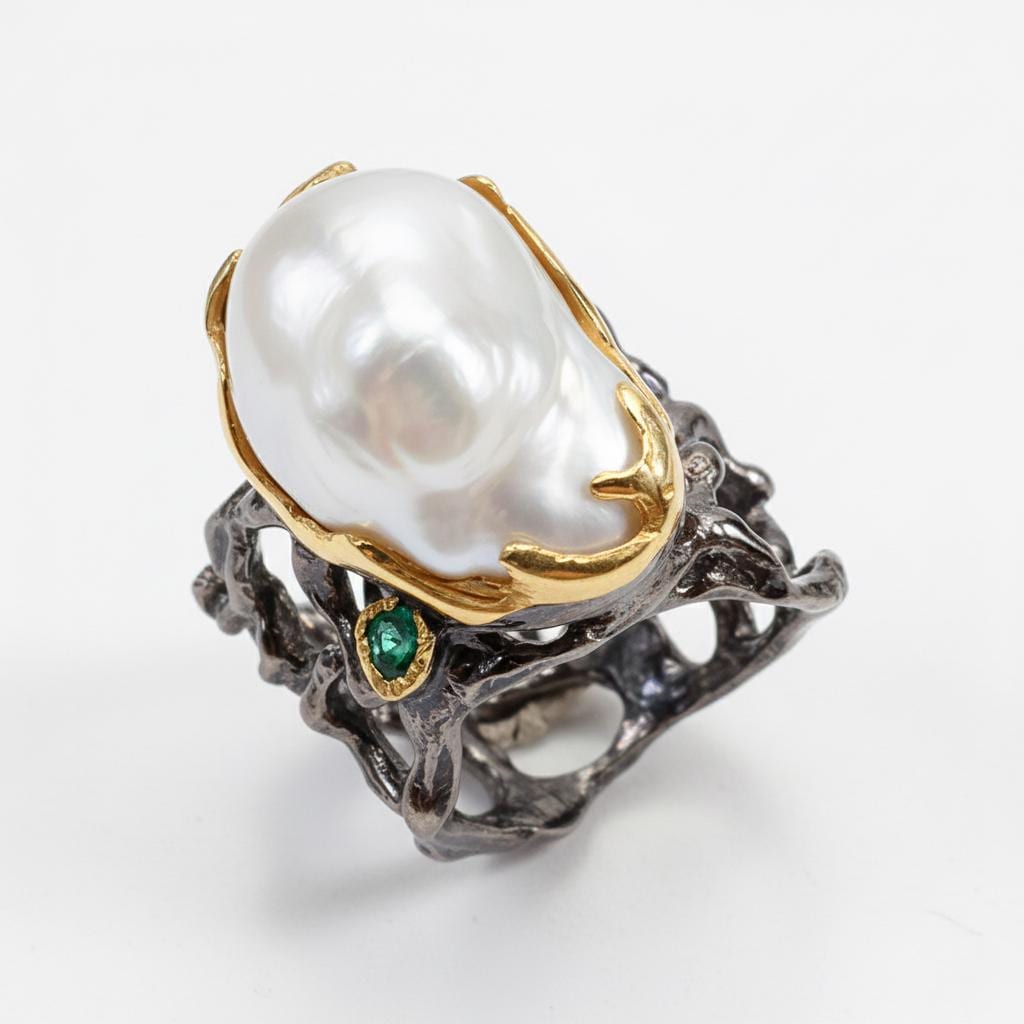 925 Sterling Silver Baroque Pearl Ring, side view