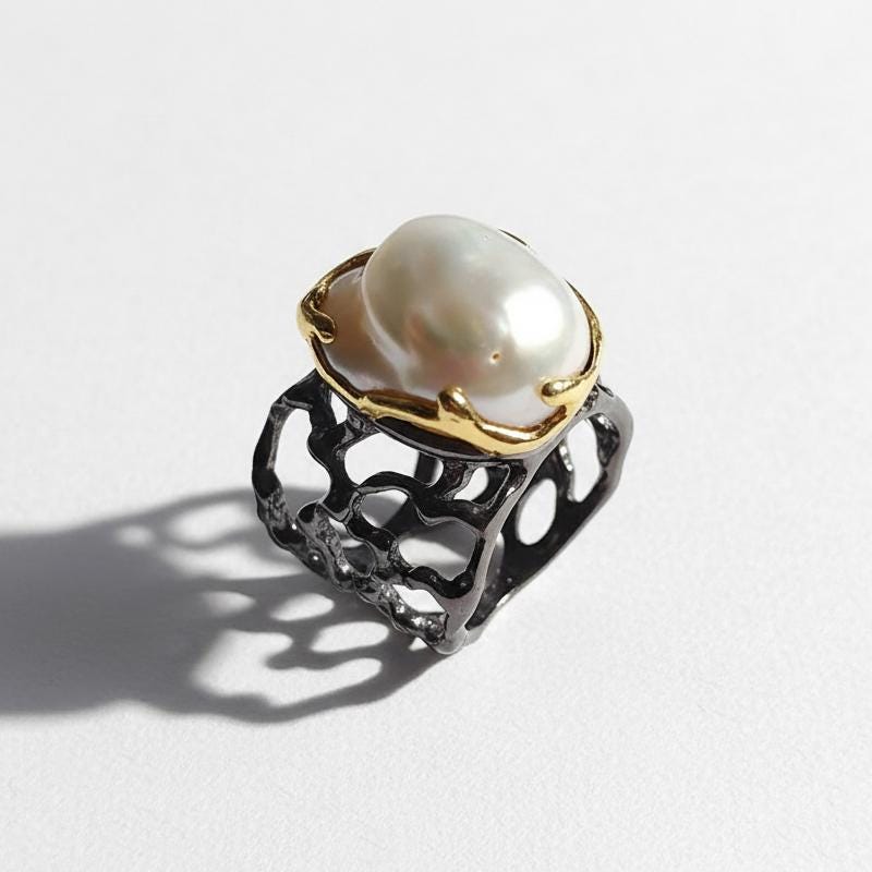 925 Sterling Silver Baroque Pearl Ring, worn on hand