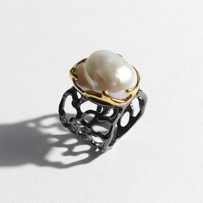 925 Sterling Silver Baroque Pearl Ring, worn on hand