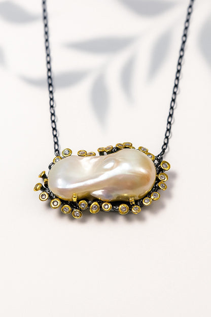 925 Sterling Silver Baroque Pearl Necklace, worn view