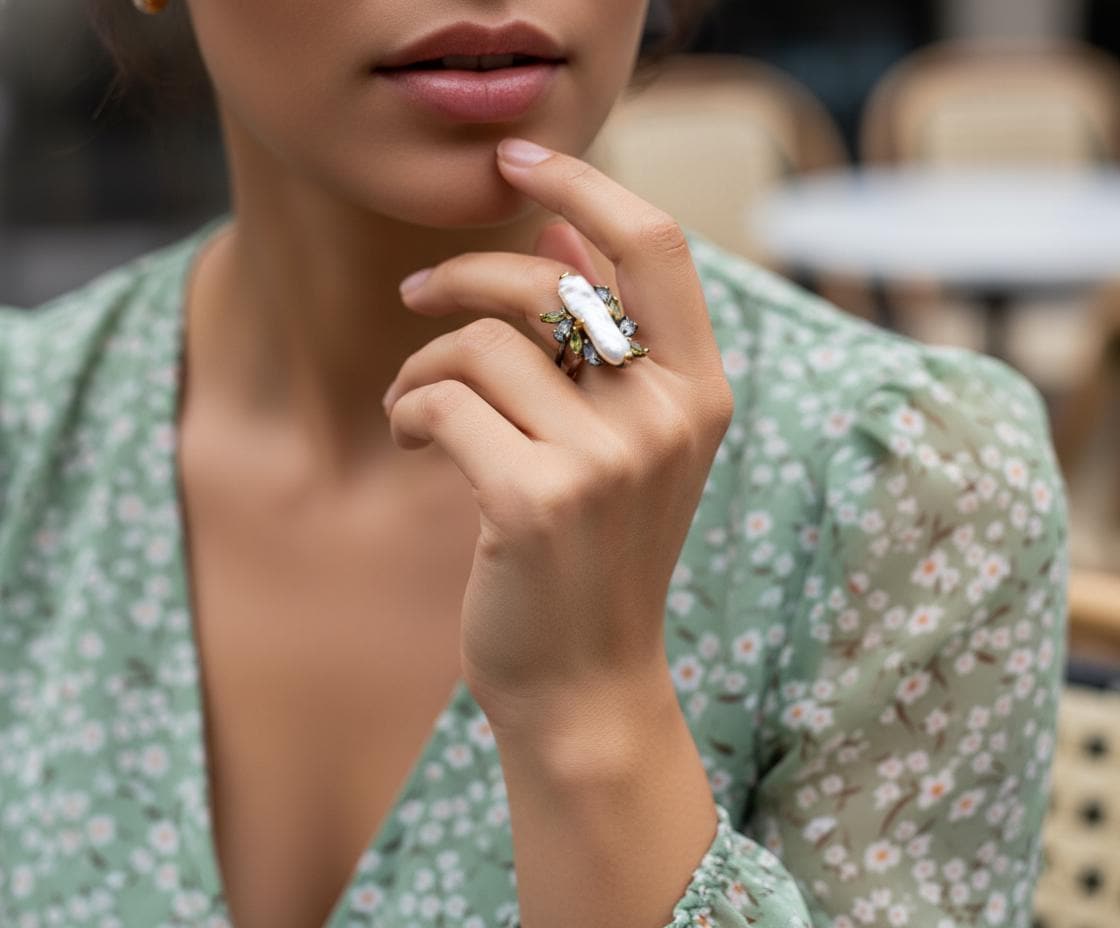 925 Sterling Silver Baroque Pearl Ring, close-up detail
