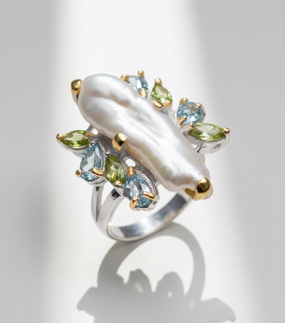 925 Sterling Silver Baroque Pearl Ring, setting detail