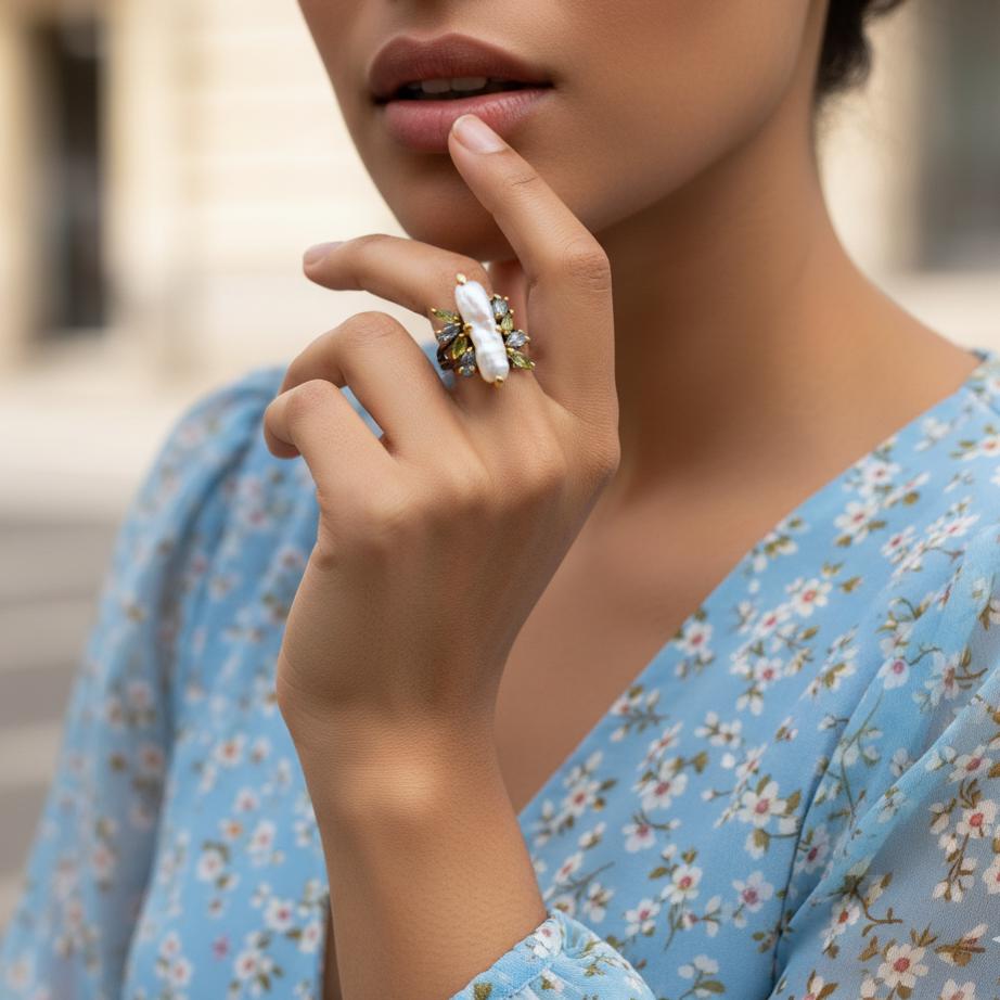 925 Sterling Silver Baroque Pearl Ring, worn look