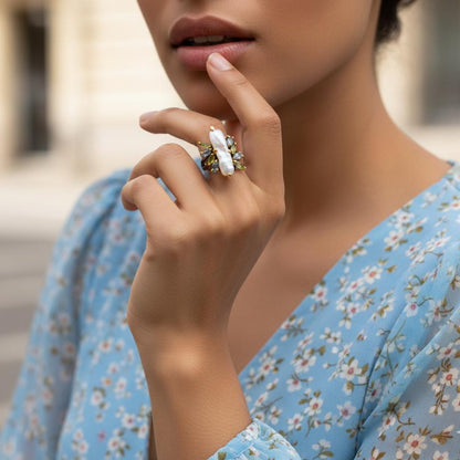 925 Sterling Silver Baroque Pearl Ring, worn look