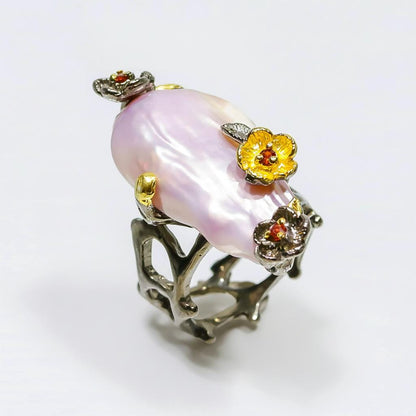 925 Sterling Silver Freshwater Pearl Ring, texture close-up