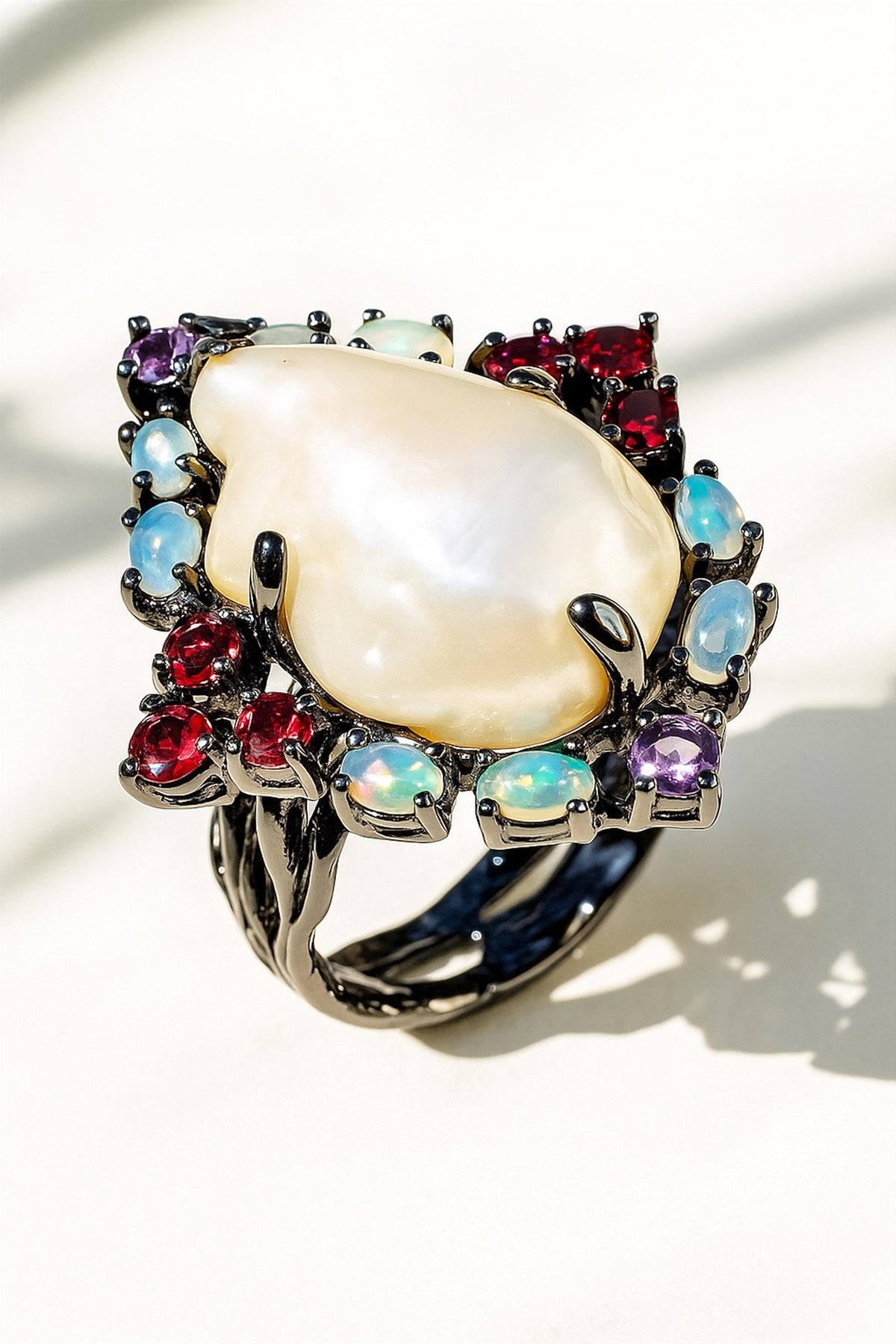 925 Sterling Silver Baroque Pearl Ring, texture close-up