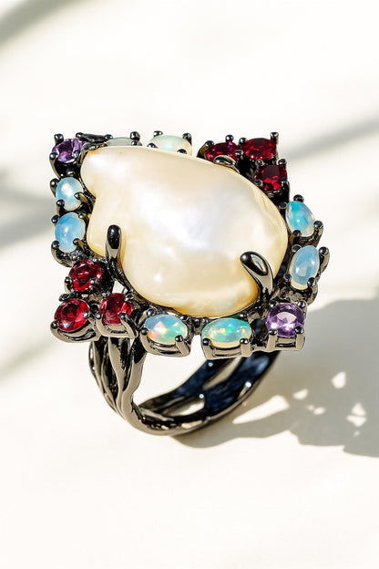 925 Sterling Silver Baroque Pearl Ring, texture close-up
