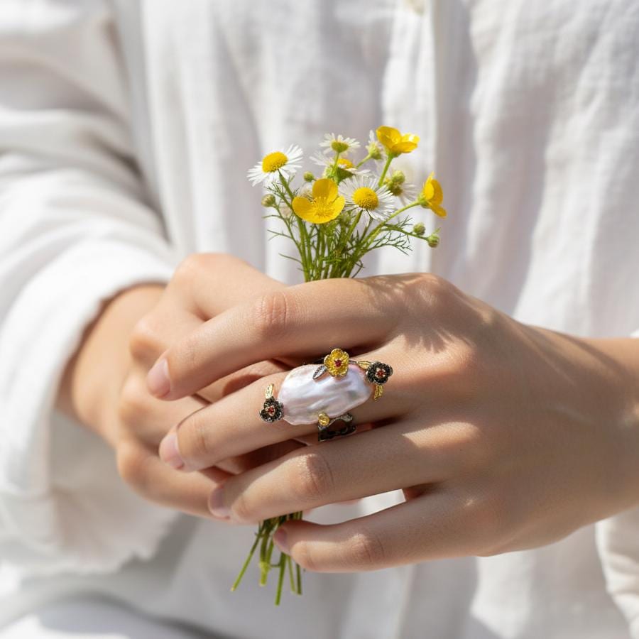 925 Sterling Silver Freshwater Pearl Ring, close-up detail
