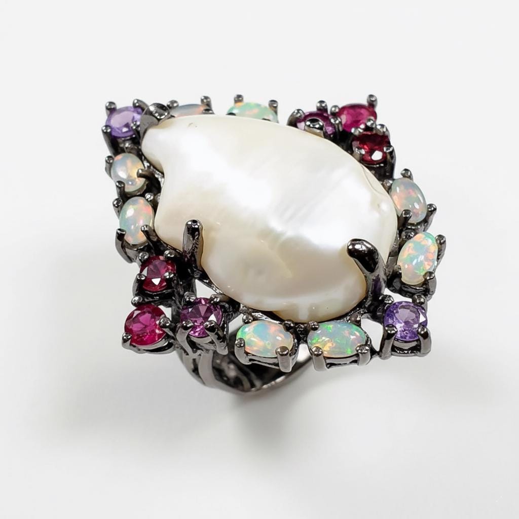 925 Sterling Silver Baroque Pearl Ring, side view