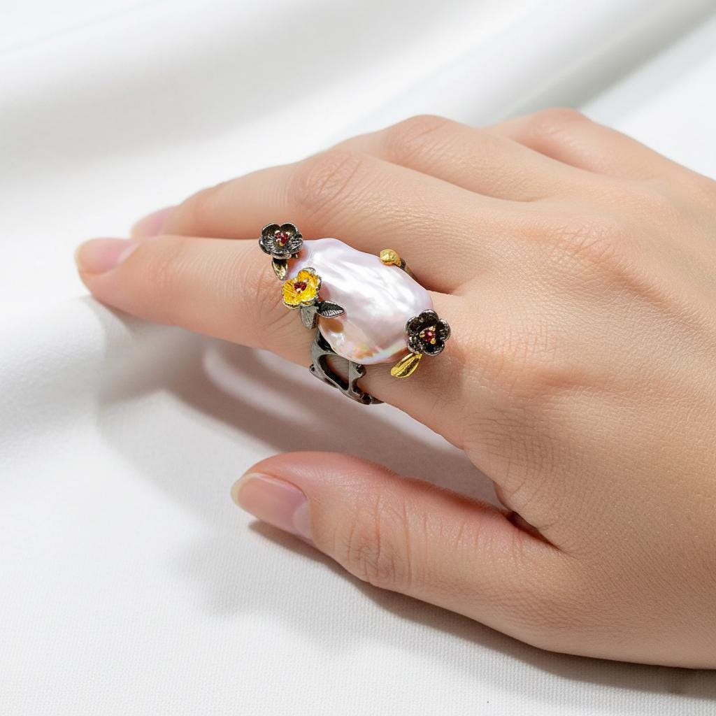 925 Sterling Silver Freshwater Pearl Ring, worn on hand