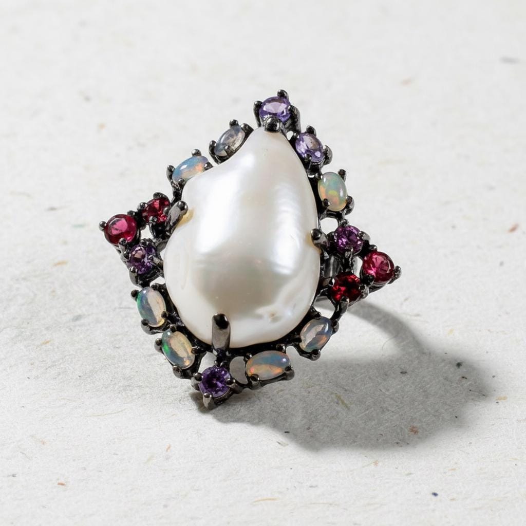 925 Sterling Silver Baroque Pearl Ring, worn on hand