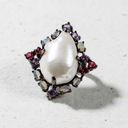 925 Sterling Silver Baroque Pearl Ring, worn on hand