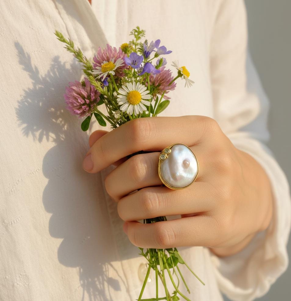925 Sterling Silver Baroque Pearl Ring, setting detail