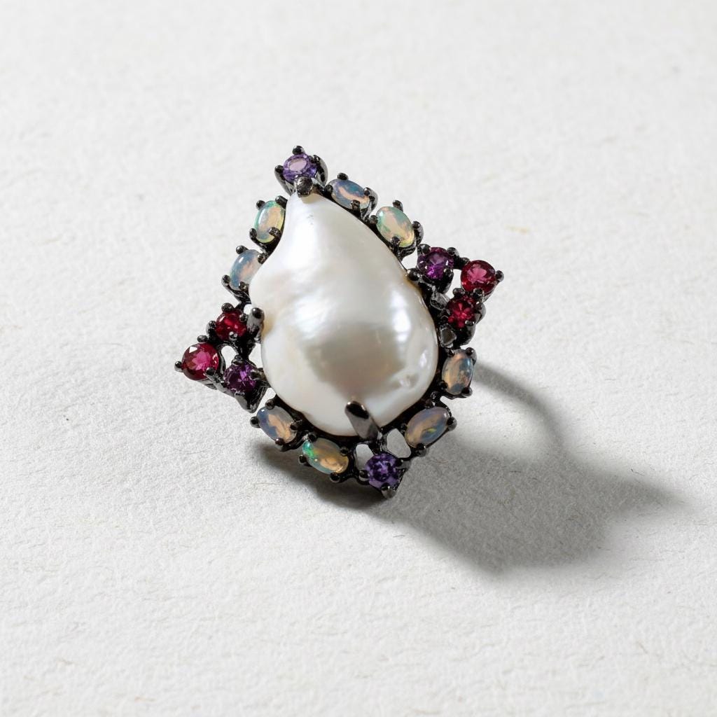 925 Sterling Silver Baroque Pearl Ring, setting detail