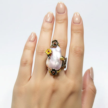 925 Sterling Silver Freshwater Pearl Ring, worn look