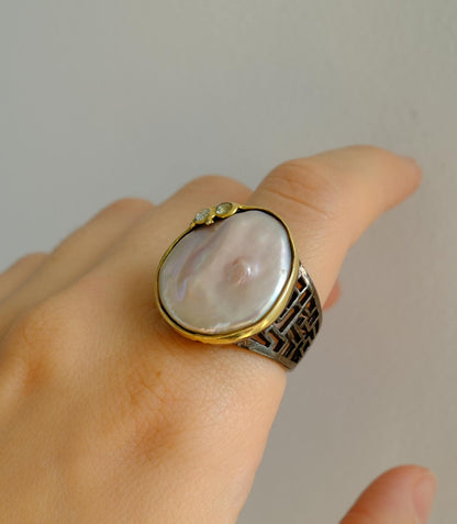 925 Sterling Silver Baroque Pearl Ring, worn look