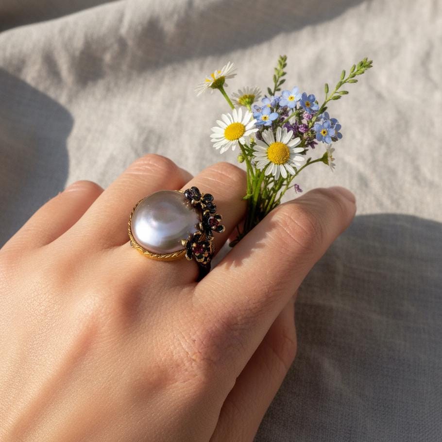 925 Sterling Silver Baroque Pearl Ring, close-up detail