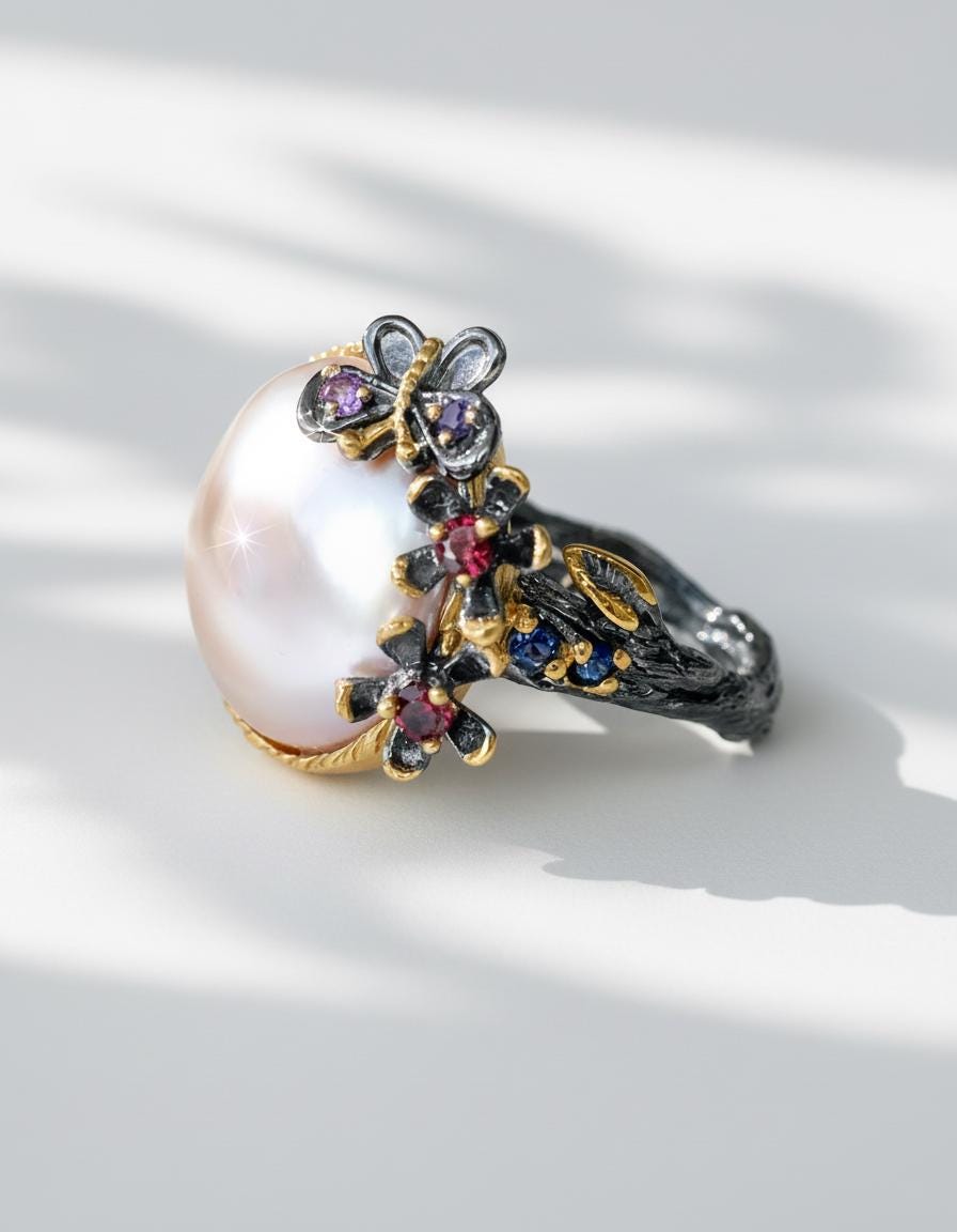925 Sterling Silver Baroque Pearl Ring, side view