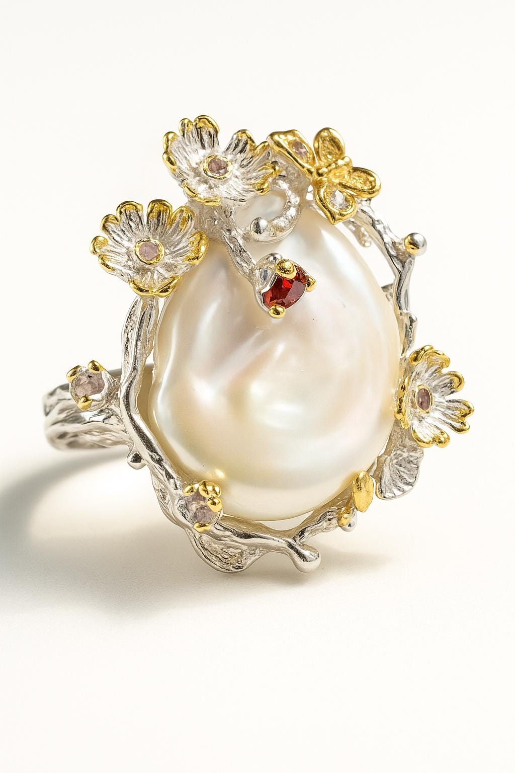 925 Sterling Silver Baroque Pearl Ring, worn on hand