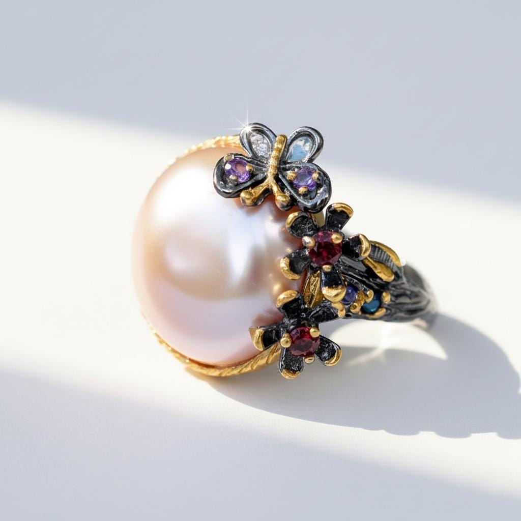 925 Sterling Silver Baroque Pearl Ring, worn on hand