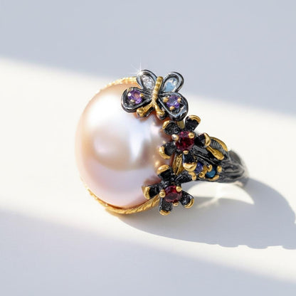 925 Sterling Silver Baroque Pearl Ring, worn on hand