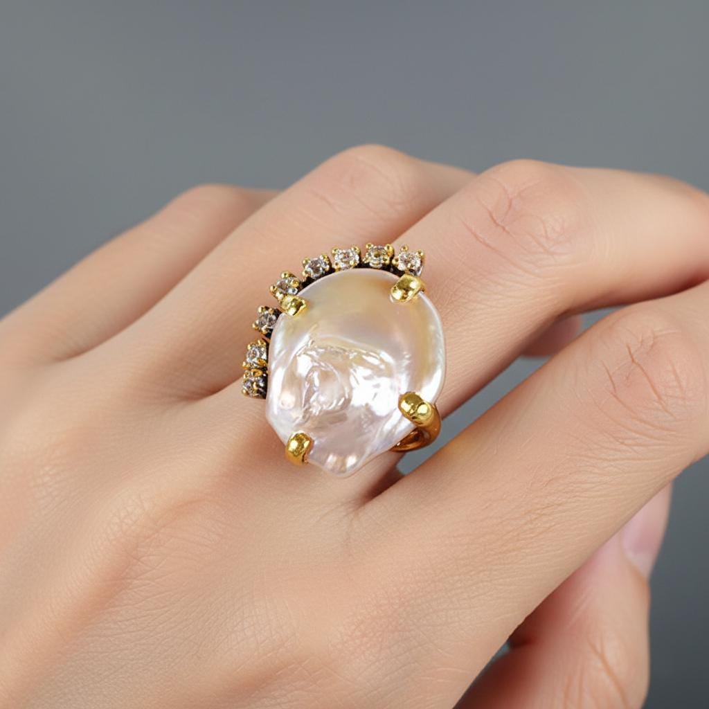 925 Sterling Silver Baroque Pearl Ring, setting detail