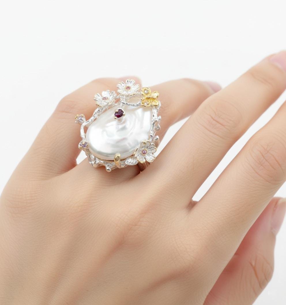 925 Sterling Silver Baroque Pearl Ring, additional angle