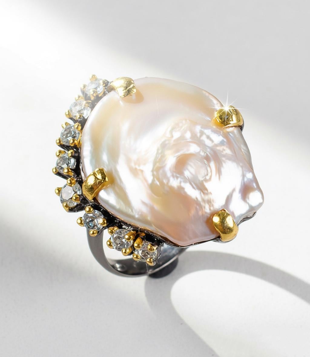 925 Sterling Silver Baroque Pearl Ring, worn look