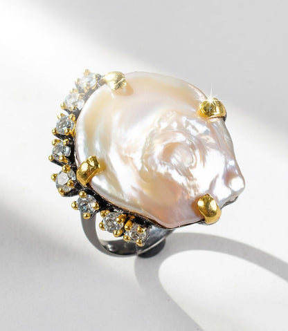925 Sterling Silver Baroque Pearl Ring, worn look