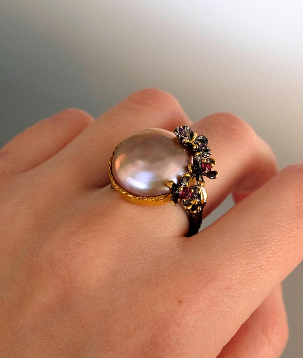 925 Sterling Silver Baroque Pearl Ring, worn look