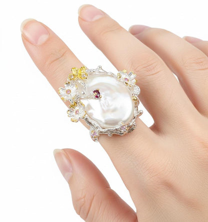 925 Sterling Silver Baroque Pearl Ring, worn look