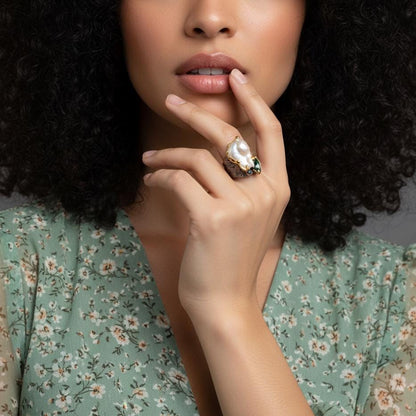 925 Sterling Silver Baroque Pearl Ring, worn on hand