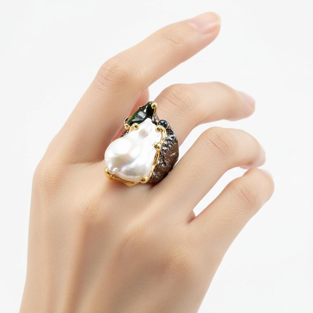 925 Sterling Silver Baroque Pearl Ring, setting detail