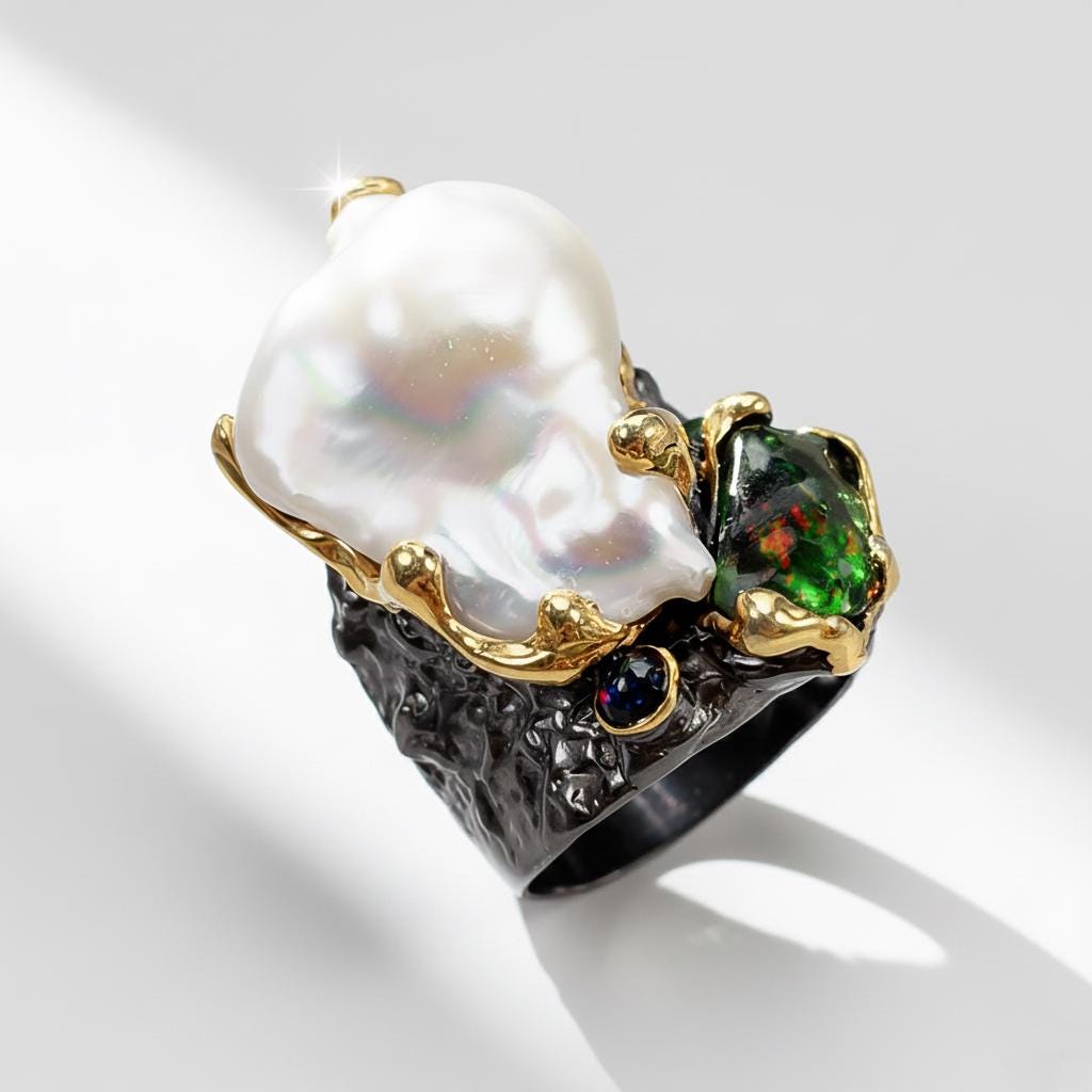925 Sterling Silver Baroque Pearl Ring, worn look