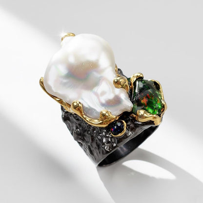 925 Sterling Silver Baroque Pearl Ring, worn look
