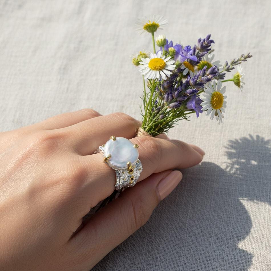 925 Sterling Silver Baroque Pearl Ring, close-up detail