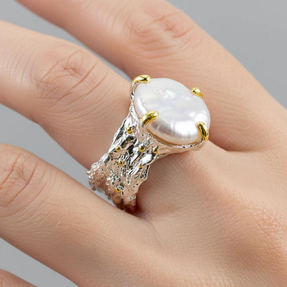 925 Sterling Silver Baroque Pearl Ring, worn on hand