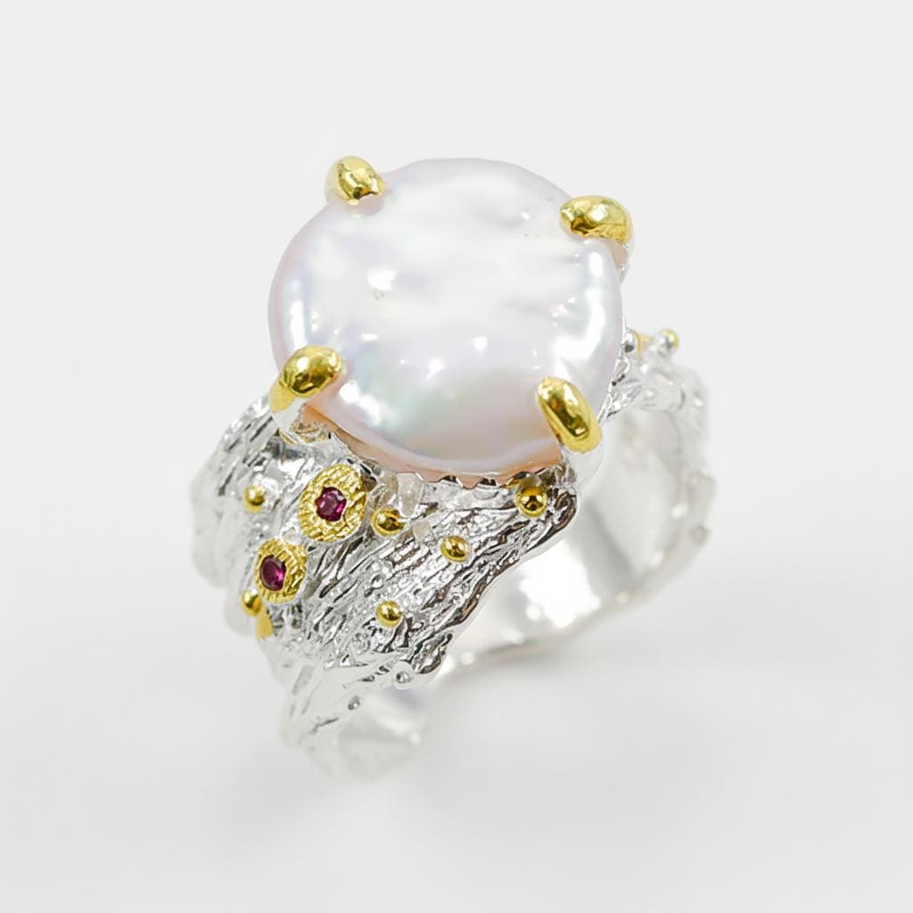 925 Sterling Silver Baroque Pearl Ring, worn look
