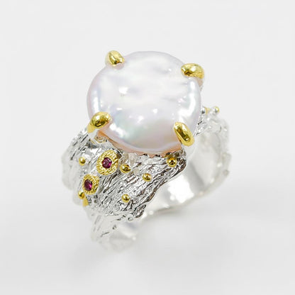 925 Sterling Silver Baroque Pearl Ring, worn look