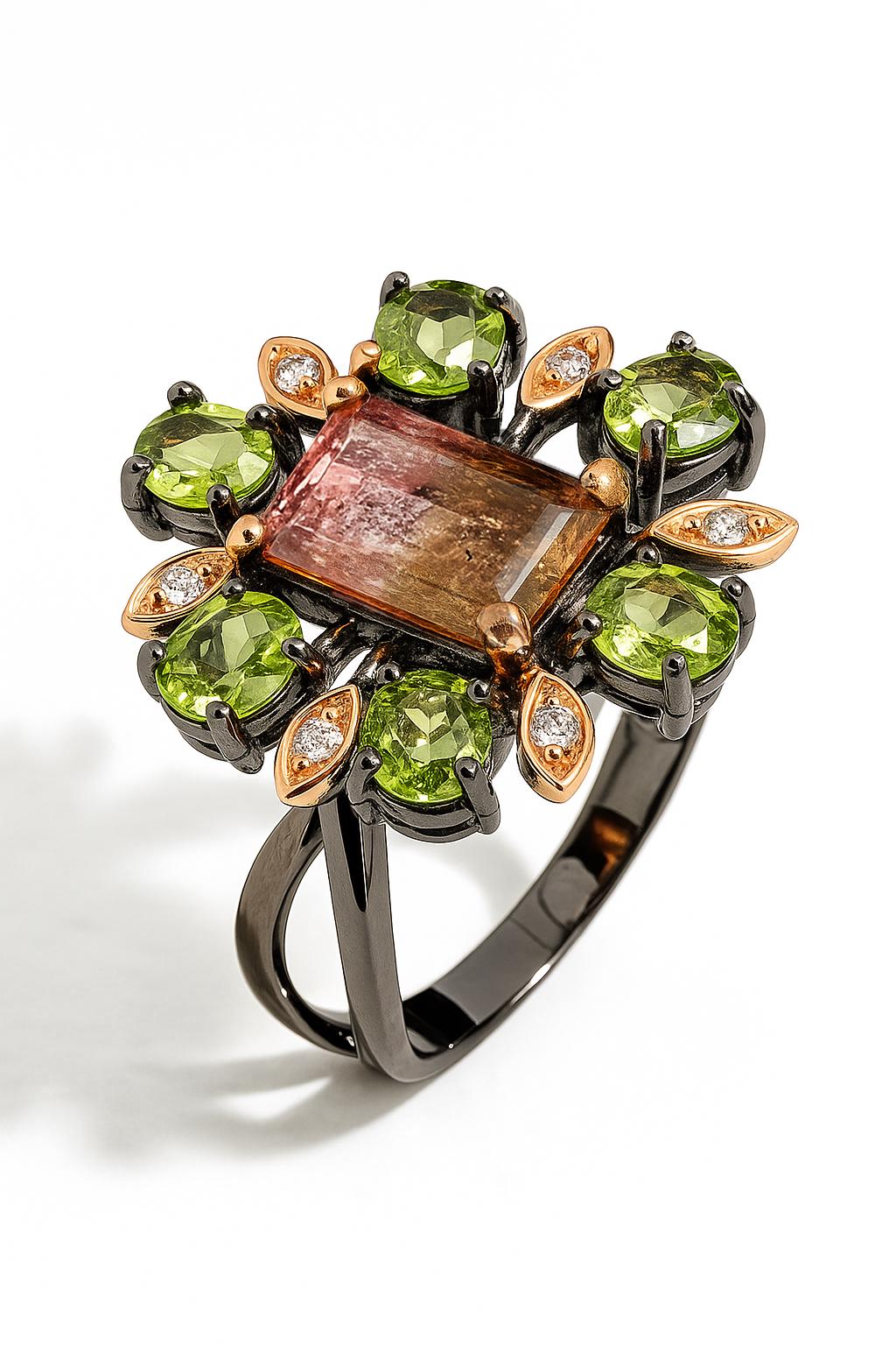 925 Sterling Silver Pink Green Tourmaline Ring, worn on hand
