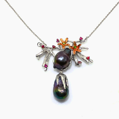 925 Sterling Silver Black Pearl Necklace, close-up detail