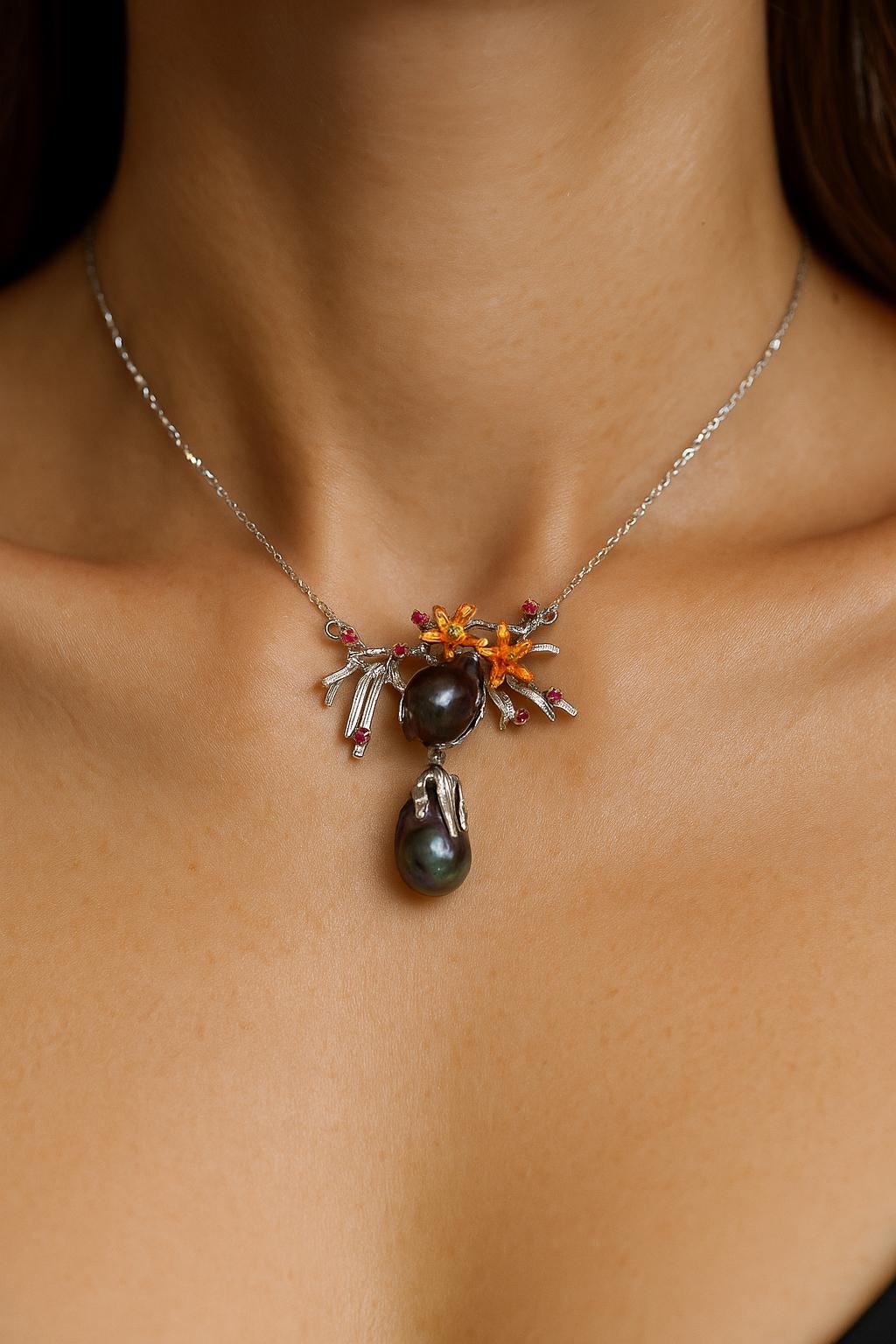 925 Sterling Silver Black Pearl Necklace, additional angle