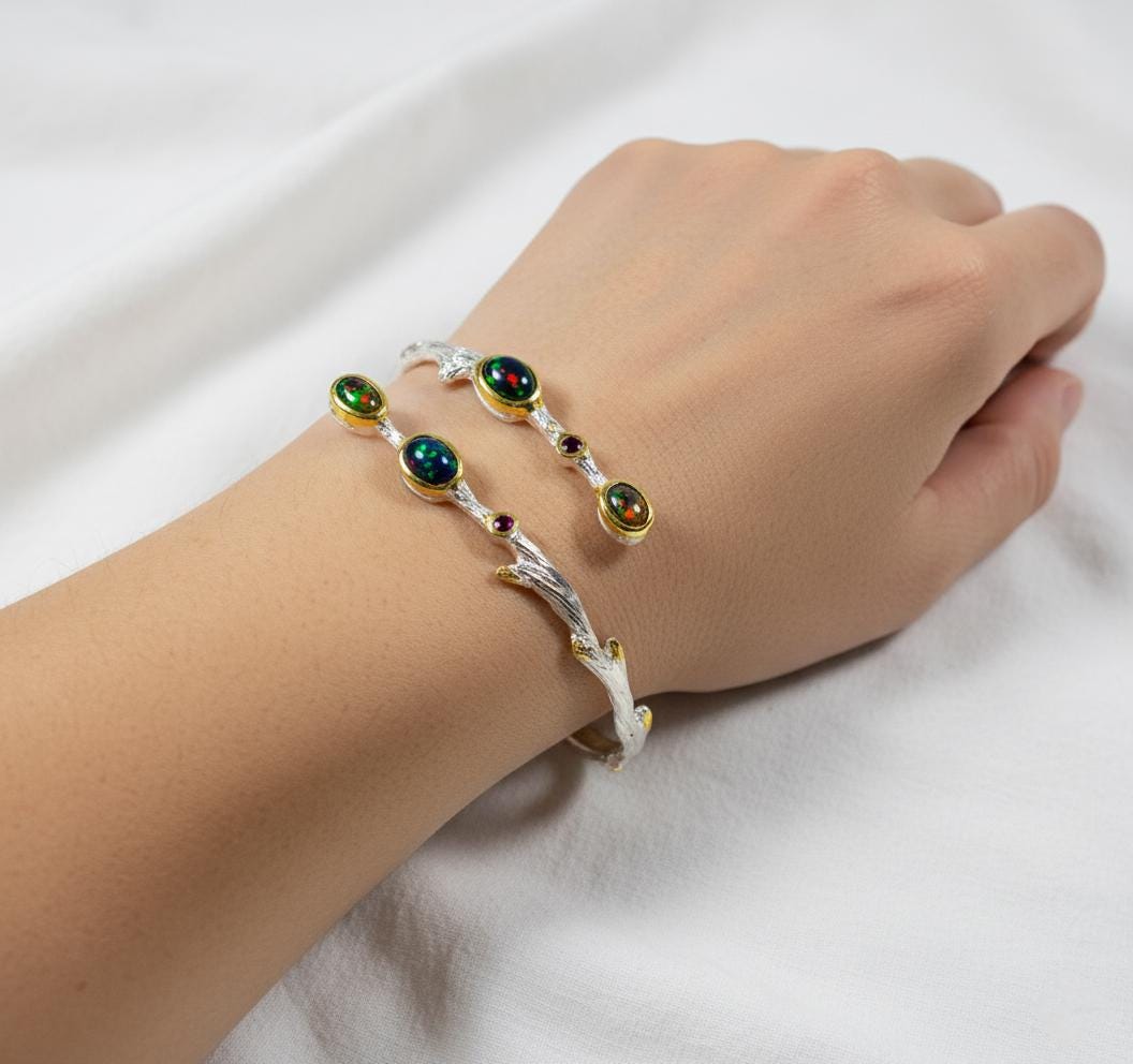 925 Sterling Silver Black Opal Bracelet, worn on wrist, image 13