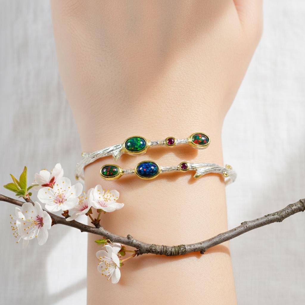 925 Sterling Silver Black Opal Bracelet, close-up detail