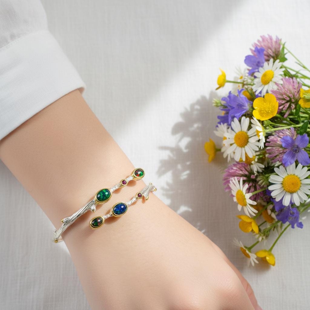 925 Sterling Silver Black Opal Bracelet, wrist styling view